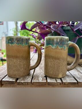 Rodolfo Padilla Coffee Mugs Drip Glaze Blue Tan Round Vintage Boho Tall Set Of 2